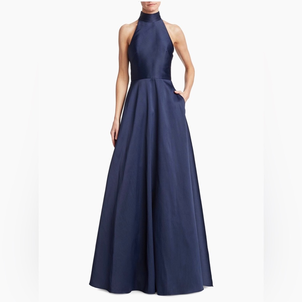 NWT ML Monique Lhuillier Halter Satin Ballgown Dress in Navy - Sz 4